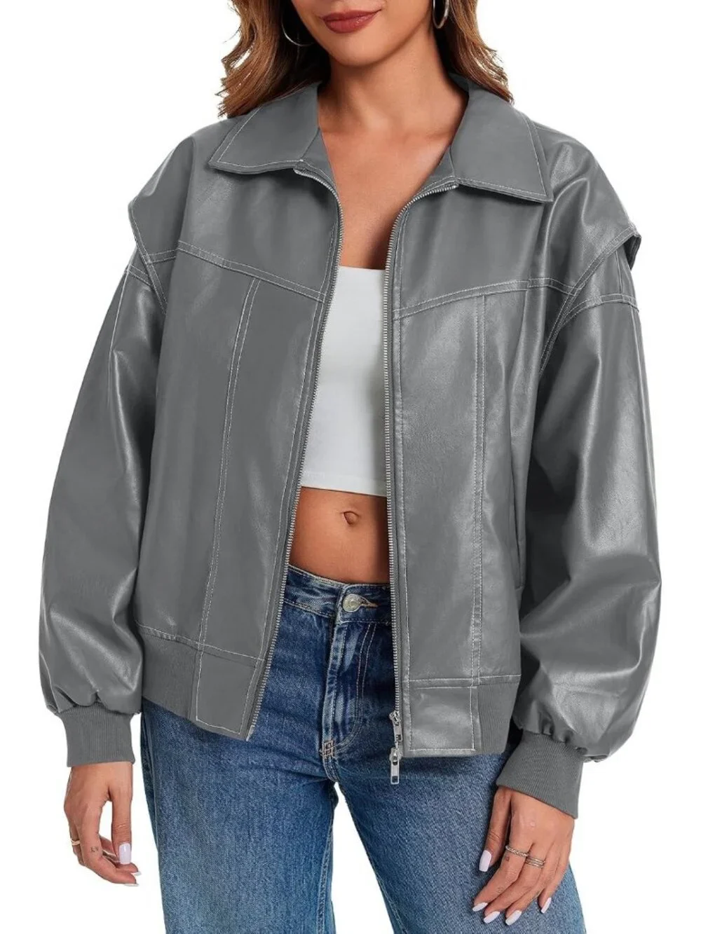 Women's Grey Oversized Faux Leather Bomber Jacket Motorcycle ZIP Up Coat